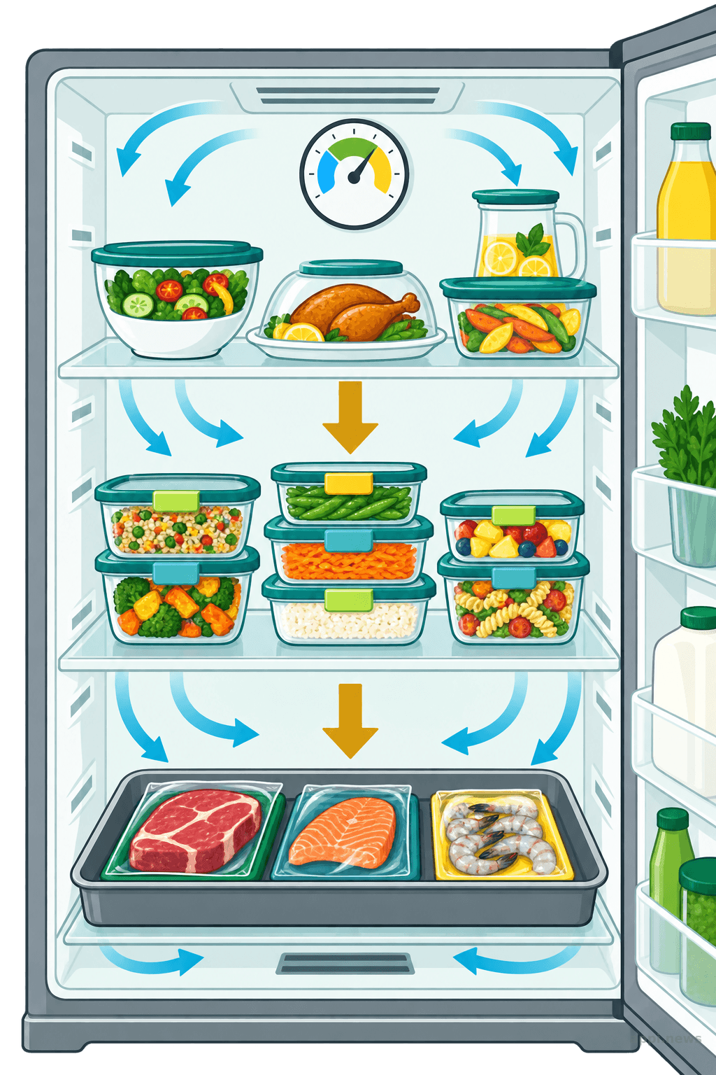 熟食在上、生食在下並保留冷氣循環空間的冰箱收納示意
