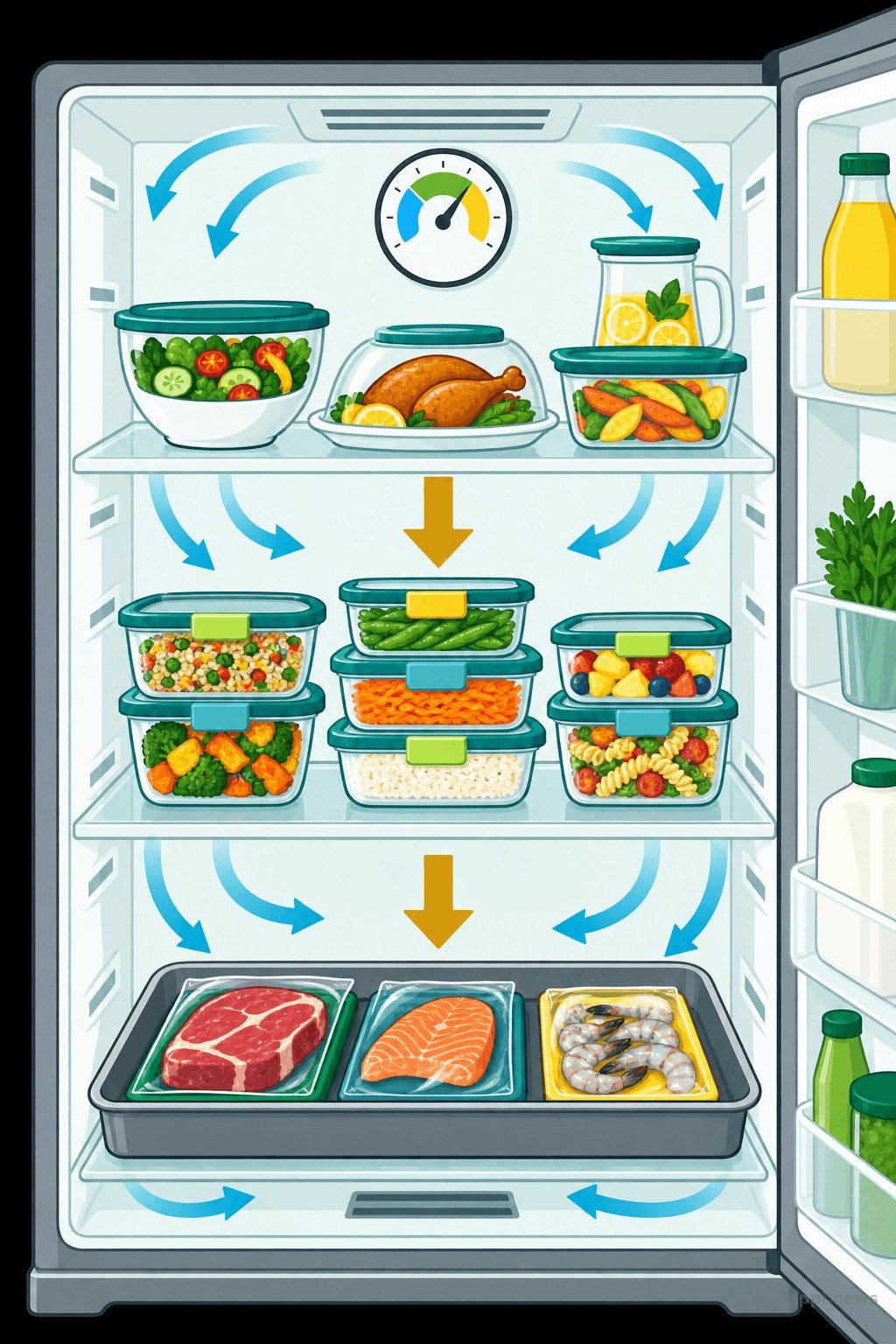 冰箱上層放分裝熟食、下層放密封生鮮並以溫度計測溫