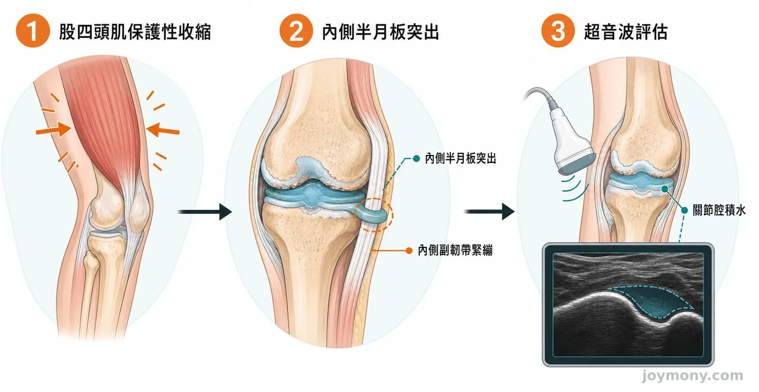 膝蓋腫痛五項分流訊號示意,包括外傷、時間、承重、紅熱與卡住