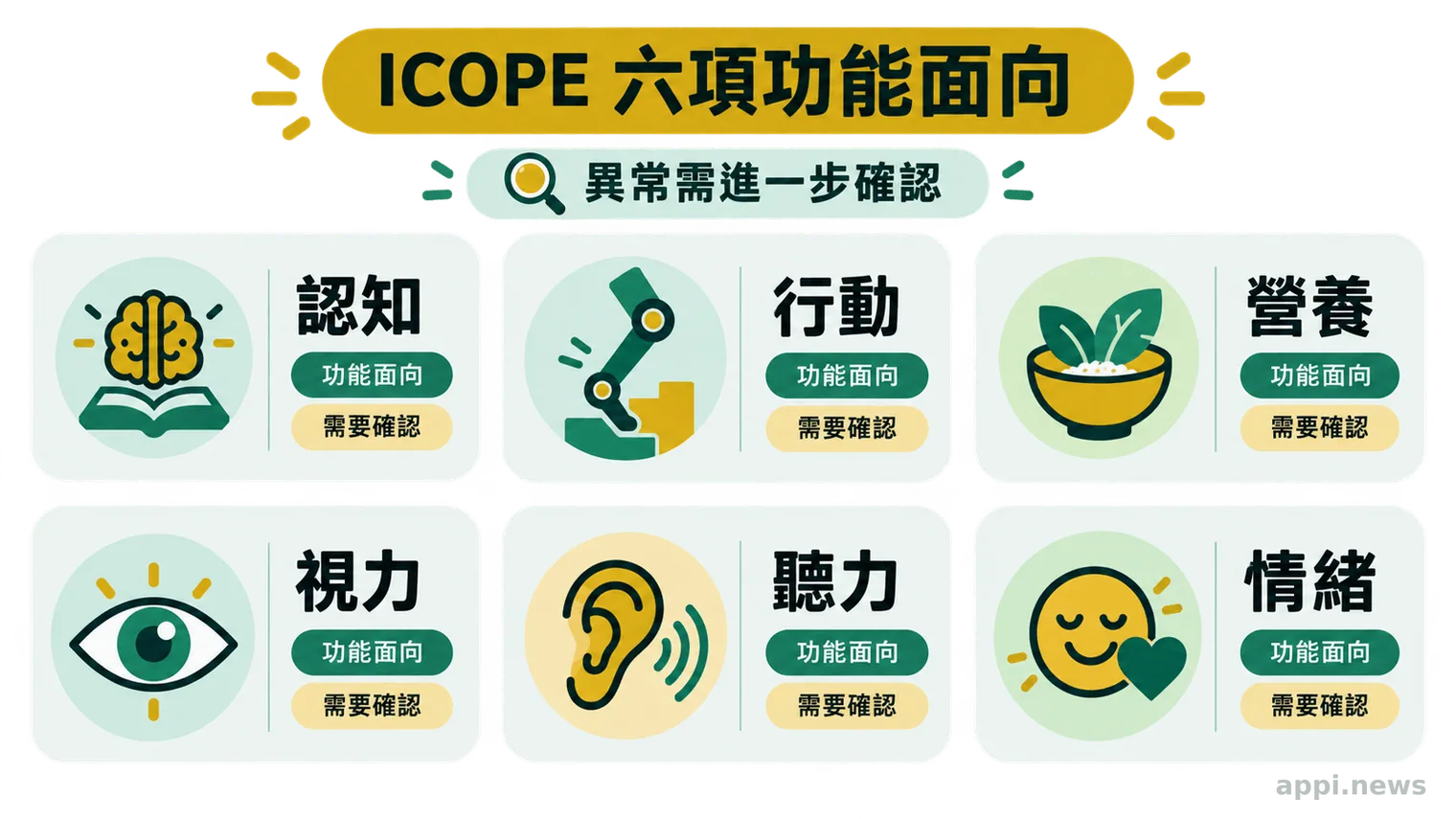 資訊圖呈現長者功能評估的認知、行動、營養、視力、聽力與情緒六大面向