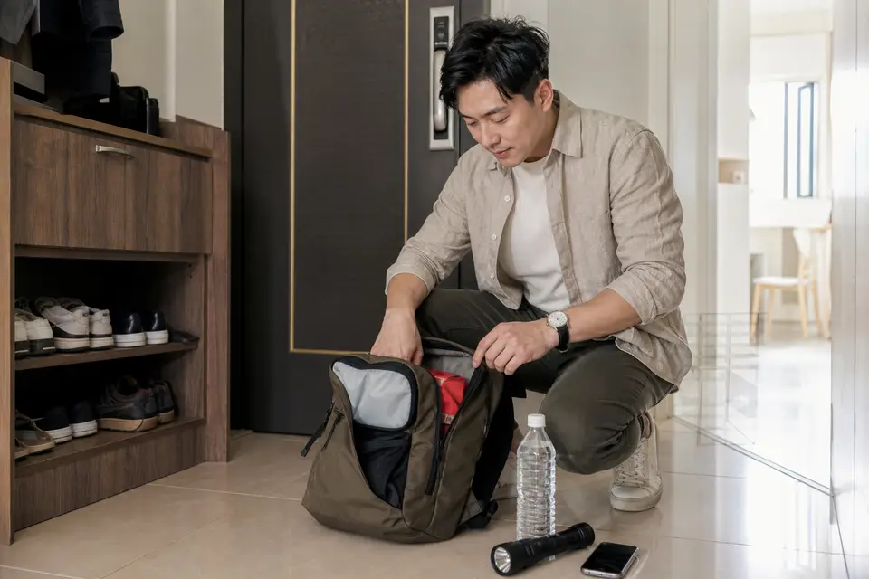 住家玄關旁放著緊急避難包、手電筒、飲水與家庭防災卡，呈現家庭地震準備。