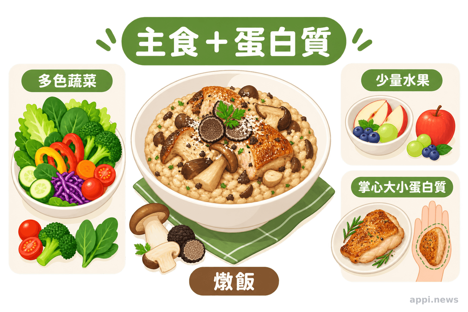 一盤松露牛肝蕈雞腿燉飯旁搭配多色蔬菜、少量水果與雞肉蛋白質來源，呈現均衡餐桌組合。