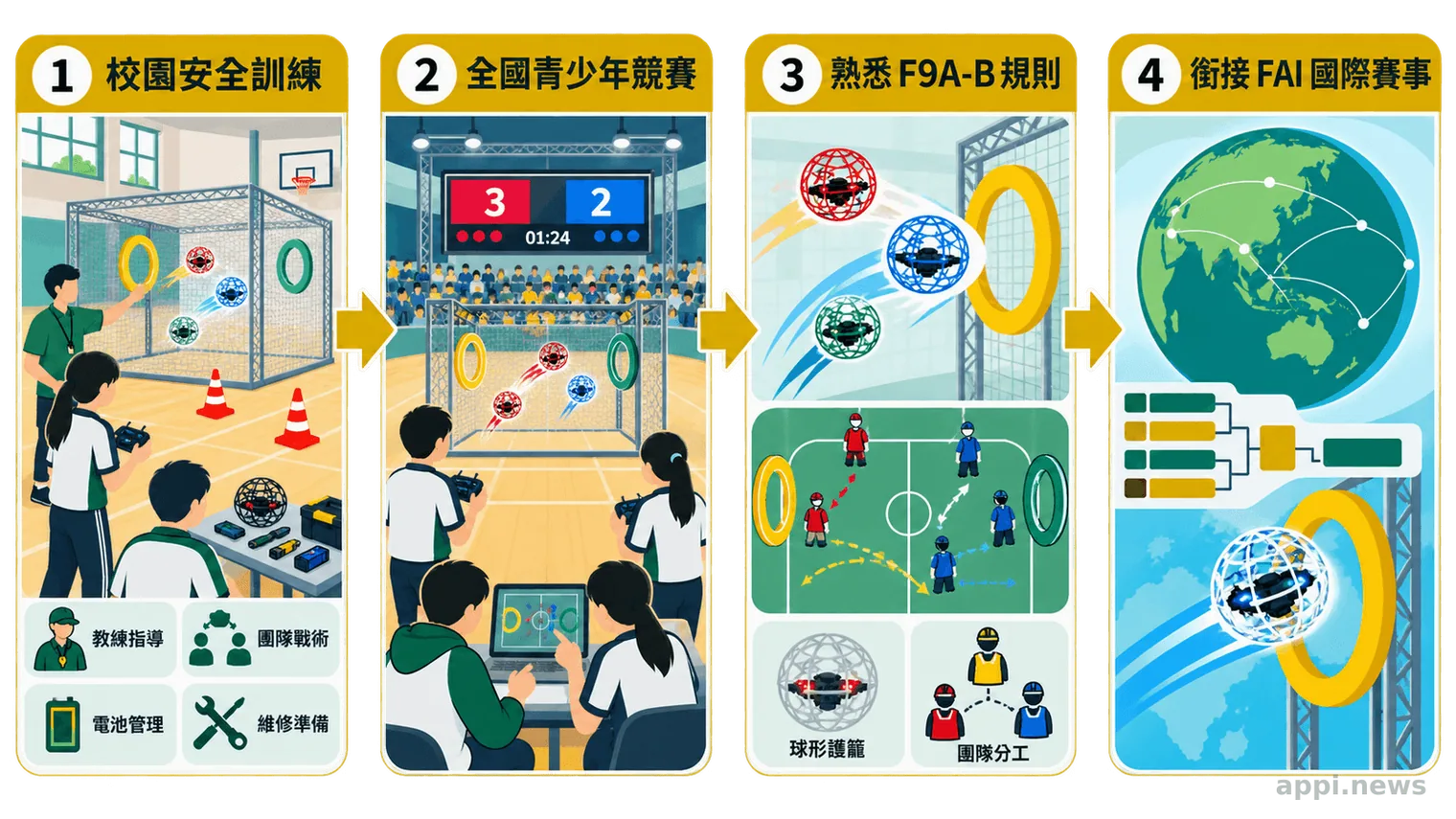流程圖呈現台灣青少年從校園操控與安全訓練、參加全國競賽、熟悉F9A-B規則，到銜接FAI國際賽事的培訓路徑。