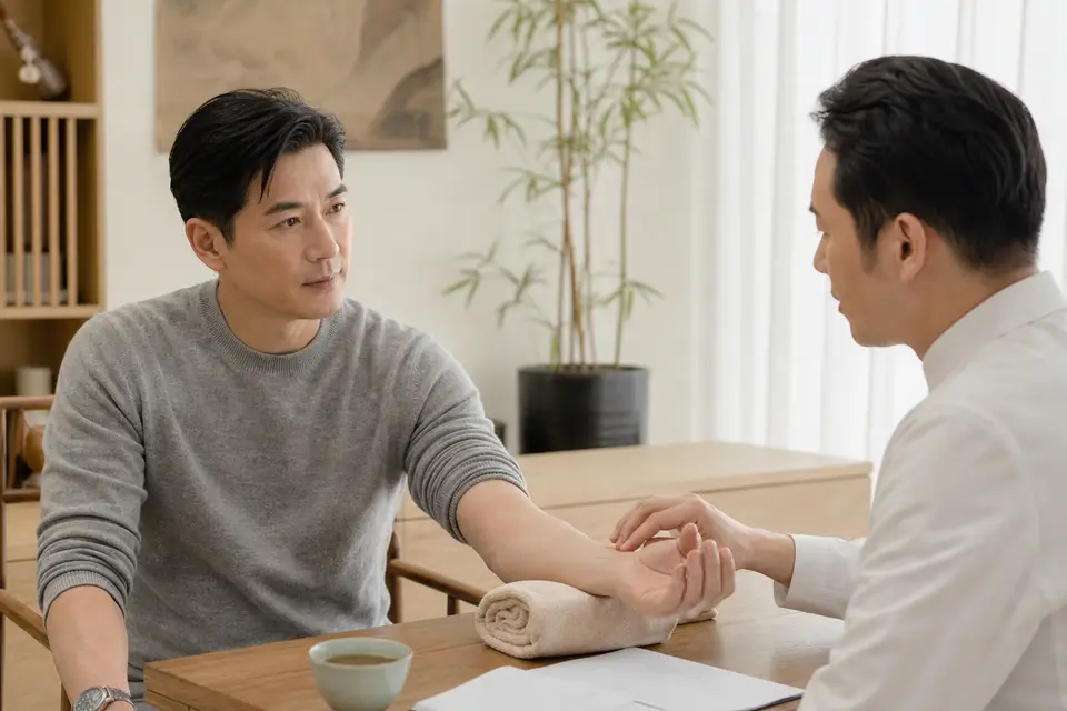 中醫師為患者把脈問診，評估體質與禁忌症（示意圖）