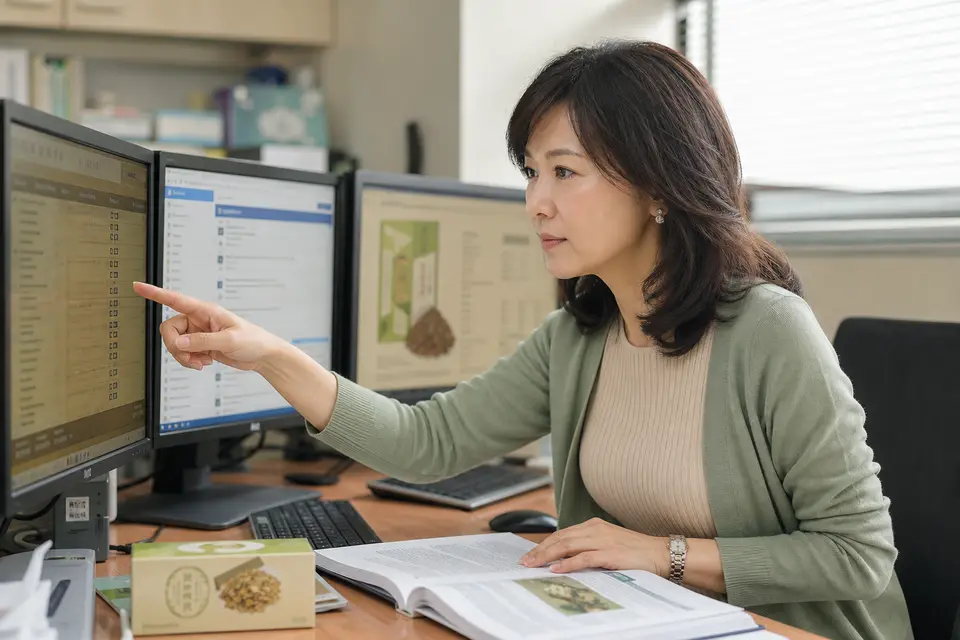 醫療資訊人員在螢幕上比對官方資料庫、PubMed 研究與中藥產品標示的示意畫面