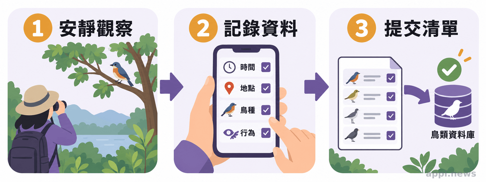 觀察者在一段距離外觀看樹上的鳥，接著用手機記錄觀察資料，再將清單提交至鳥類資料庫。