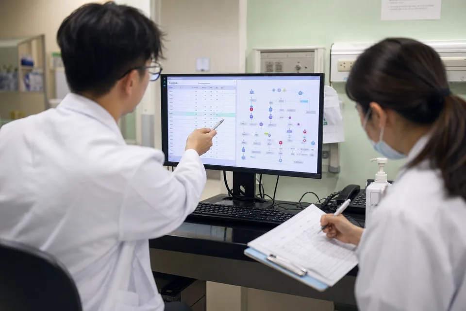 兩名醫療人員在工作站前比對 AI 判讀與原始尿液檢驗資料