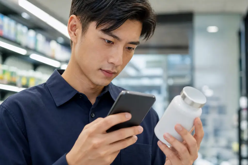 民眾一手拿保健食品、一手拿手機比對包裝上的標章與字號示意