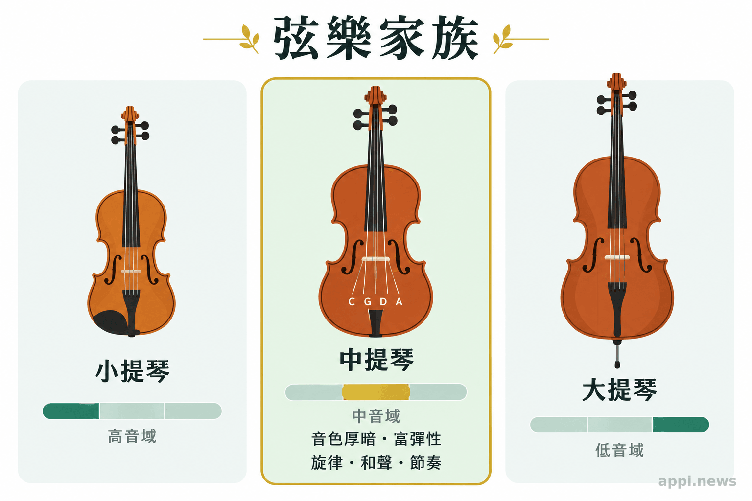 小提琴、中提琴與大提琴並列展示,中提琴位於中間音域並標示C、G、D、A四條弦