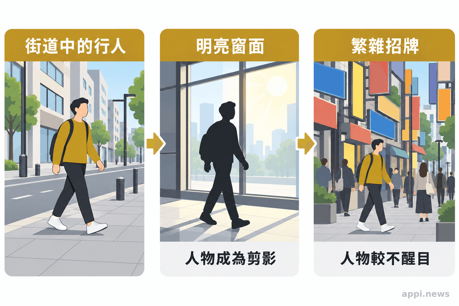 街道中的行人位於前景，明亮窗面使人物成為剪影，繁雜招牌則讓人物較不醒目。