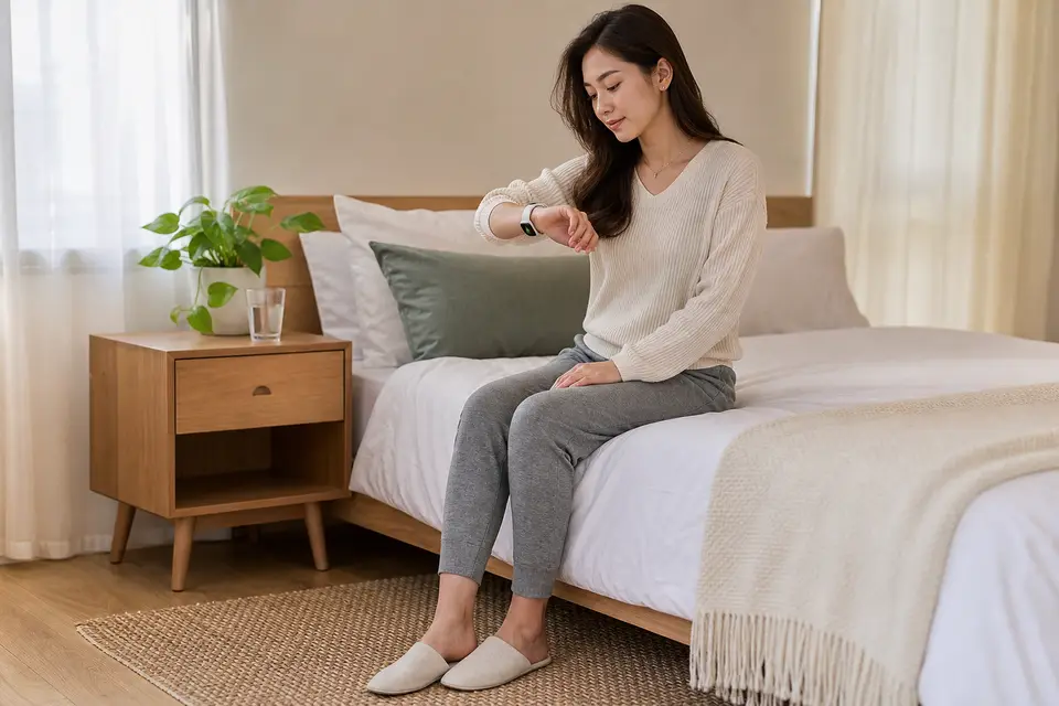 女性坐在床邊查看手腕上智慧手錶的睡眠追蹤畫面（示意圖）