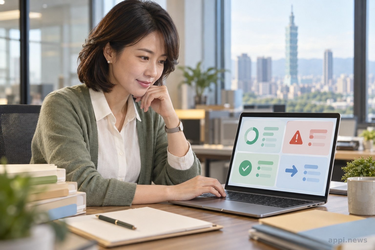 一位東亞面孔的專案經理在台灣辦公室檢視筆電上的專案交接日誌,桌旁放著整理好的文件