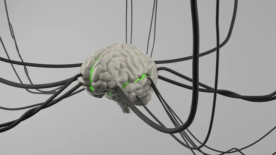 白灰色3D電腦繪圖大腦模型懸浮於淺灰色背景，多條黑色電線插入大腦，腦部呈現綠色發光條紋，象徵神經連接與訊號傳導